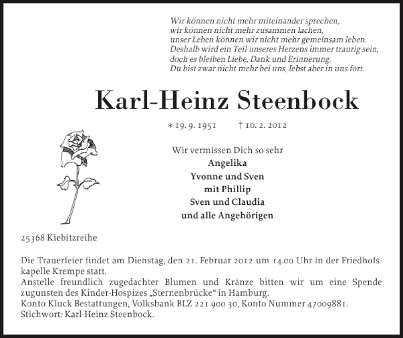  Traueranzeige für Karl-Heinz Steenbock vom 18.02.2012 aus Pinneberger Tageblatt