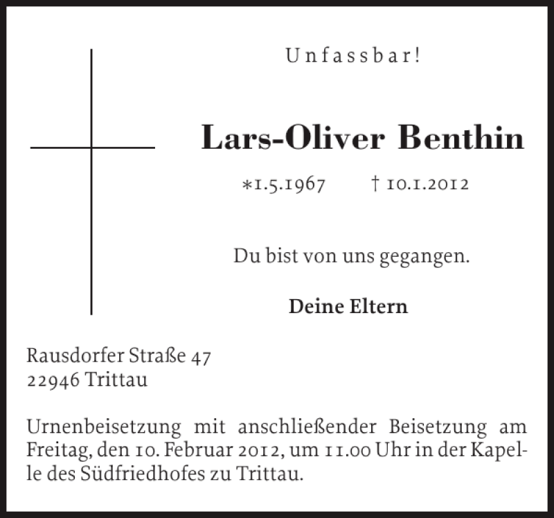  Traueranzeige für Lars-Oliver Benthin vom 02.02.2012 aus Ostholsteiner Anzeiger