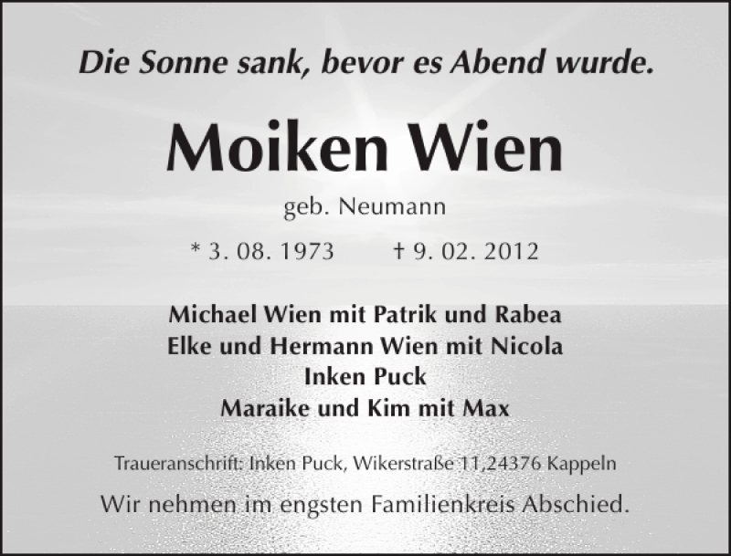  Traueranzeige für Moiken Wien vom 14.02.2012 aus Flensburger Tageblatt