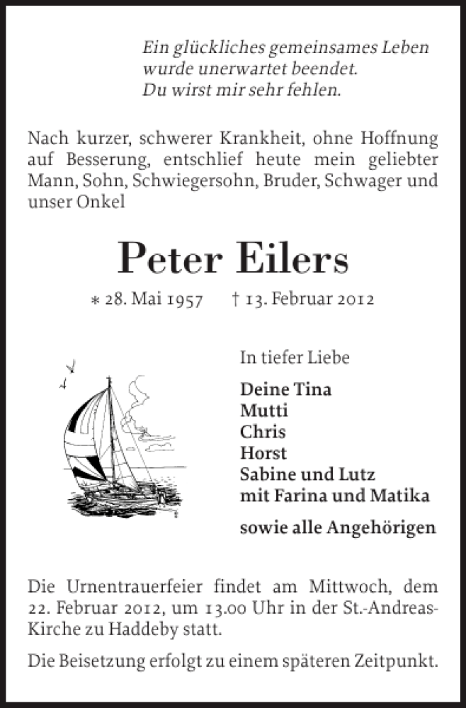  Traueranzeige für Peter Eilers vom 18.02.2012 aus Landeszeitung