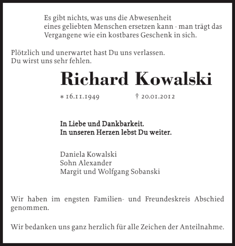  Traueranzeige für Richard Kowalski vom 11.02.2012 aus Flensburger Tageblatt