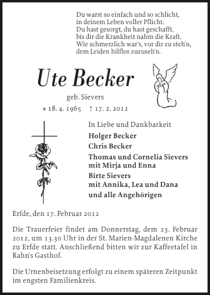  Traueranzeige für Ute Becker vom 20.02.2012 aus Eckernförder Zeitung