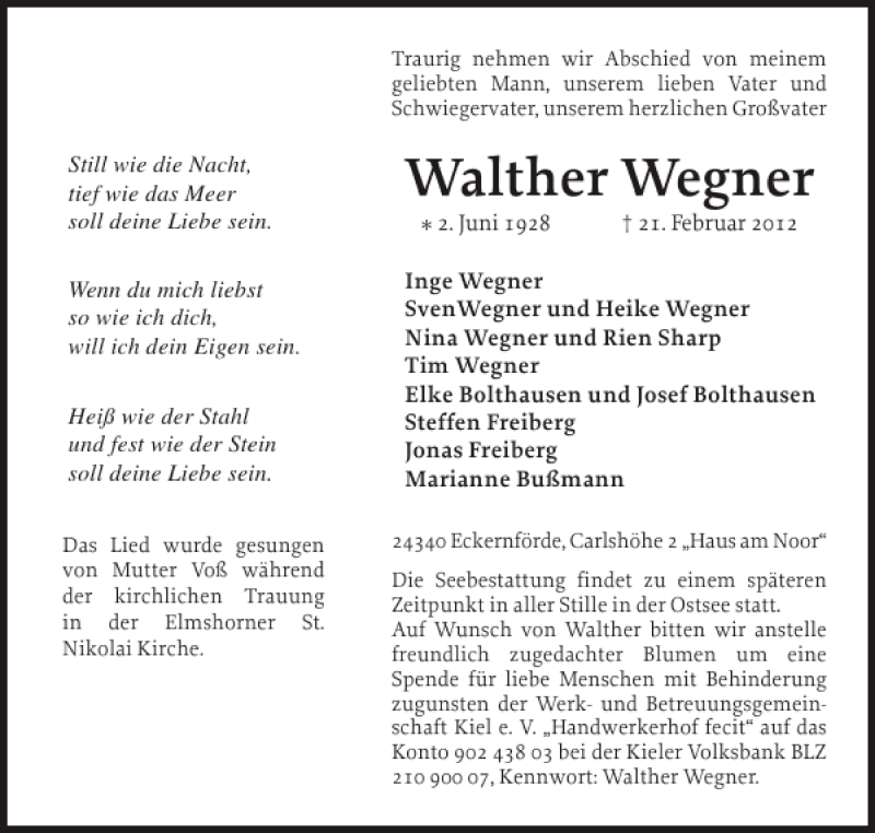  Traueranzeige für Walther Wegner vom 25.02.2012 aus Eckernförder Zeitung