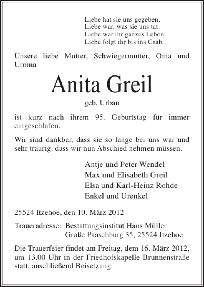  Traueranzeige für Anita Greil vom 13.03.2012 aus Norddeutsche Rundschau