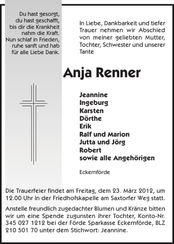  Traueranzeige für Anja Renner vom 21.03.2012 aus Eckernförder Zeitung