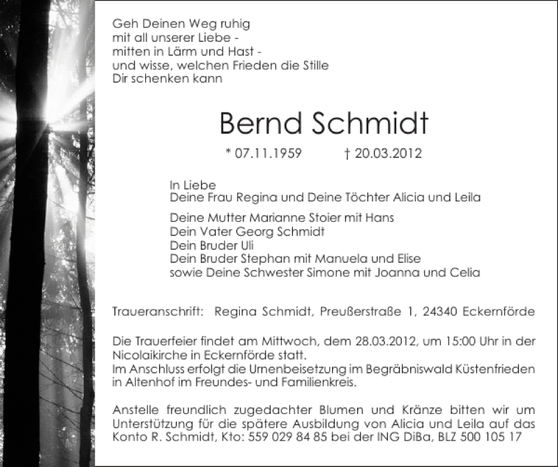  Traueranzeige für Bernd Schmidt vom 24.03.2012 aus Eckernförder Zeitung