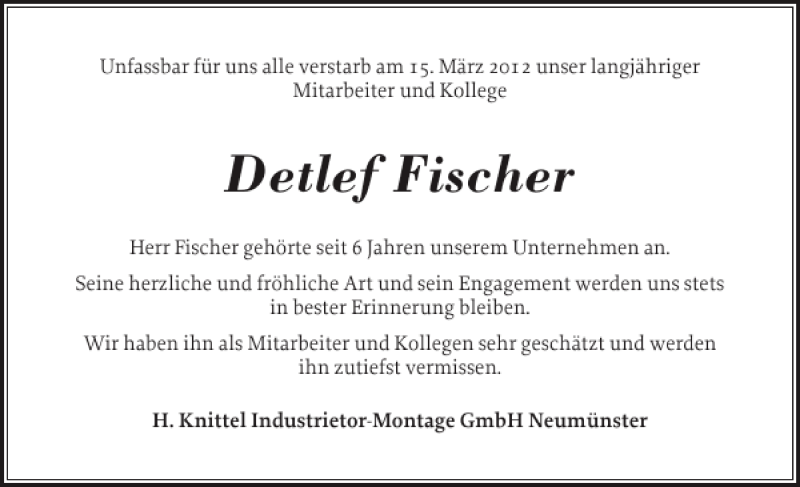  Traueranzeige für Detlef Fischer vom 26.03.2012 aus Holsteinischer Courier