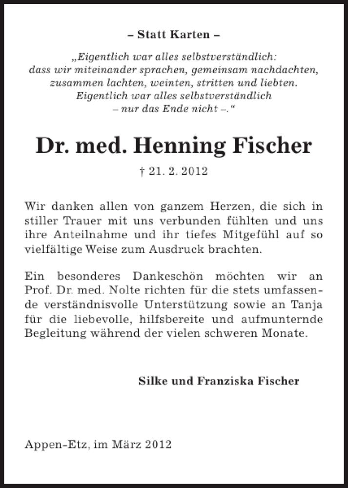  Traueranzeige für Dr. med. Henning Fischer vom 17.03.2012 aus Pinneberger Tageblatt