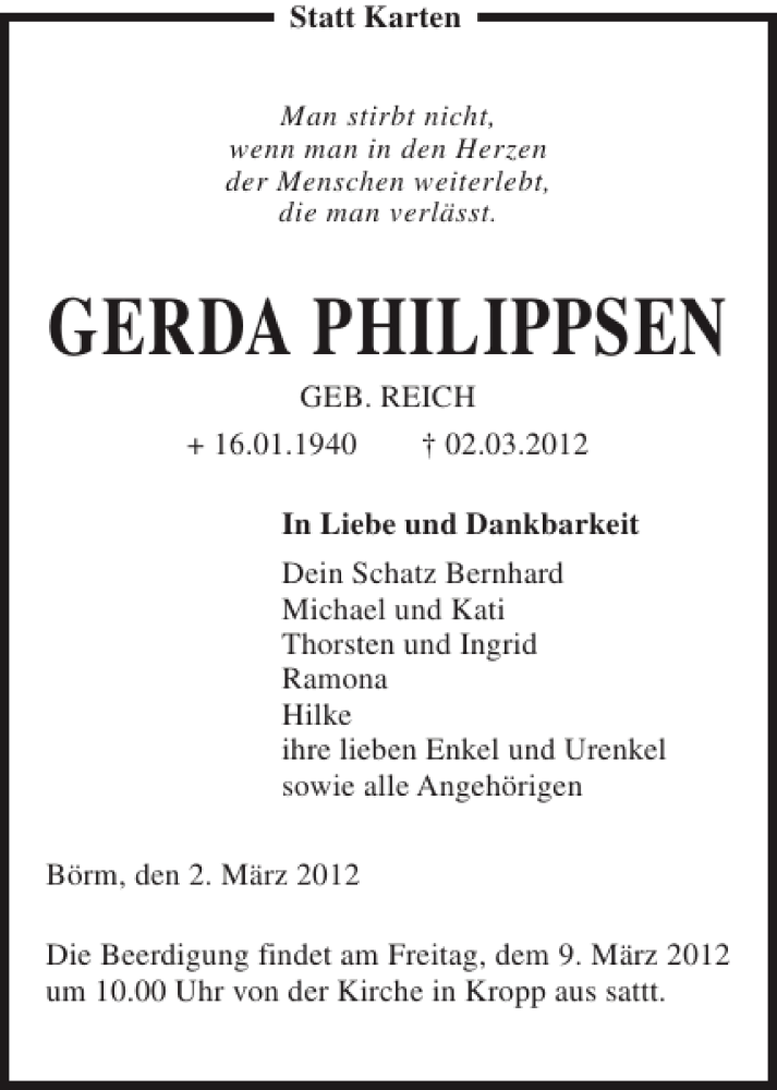  Traueranzeige für GERDA PHILIPPSEN vom 06.03.2012 aus Schleswiger Nachrichten