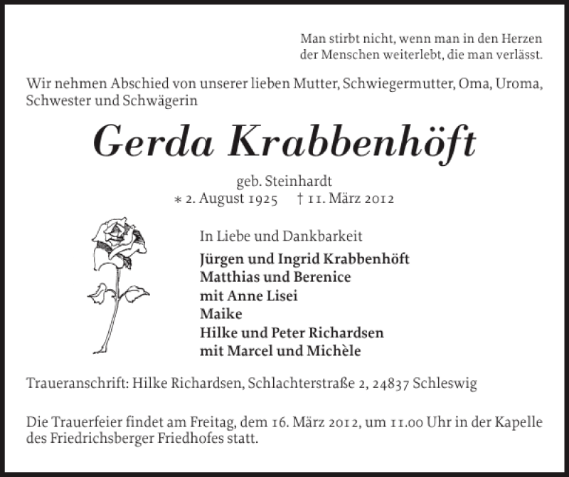  Traueranzeige für Gerda Krabbenhöft vom 14.03.2012 aus Schleswiger Nachrichten