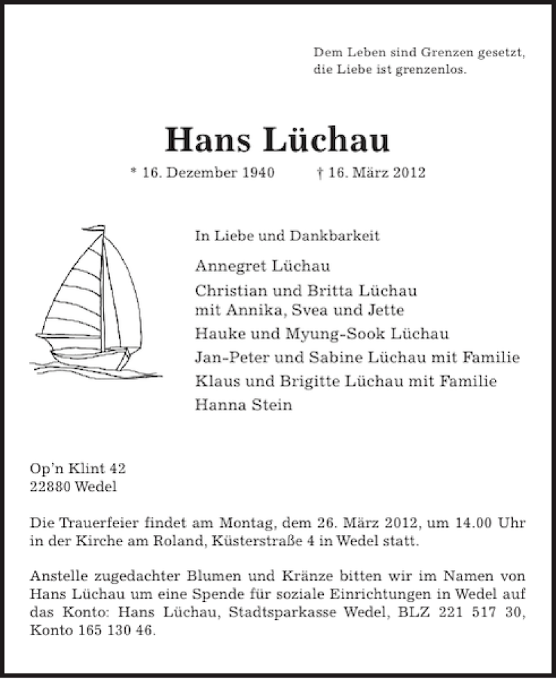  Traueranzeige für Hans Lüchau vom 21.03.2012 aus Pinneberger Tageblatt