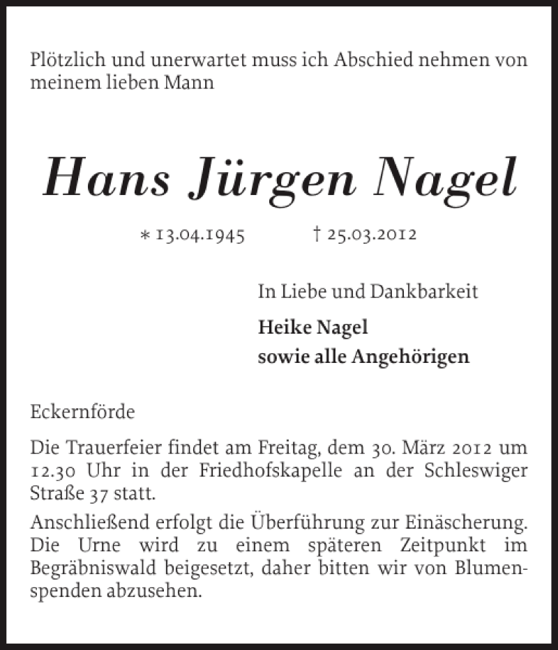  Traueranzeige für Hans Jürgen Nagel vom 28.03.2012 aus Eckernförder Zeitung