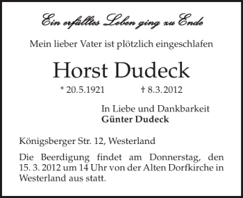 Traueranzeige von Horst Dudeck von Sylter Rundschau