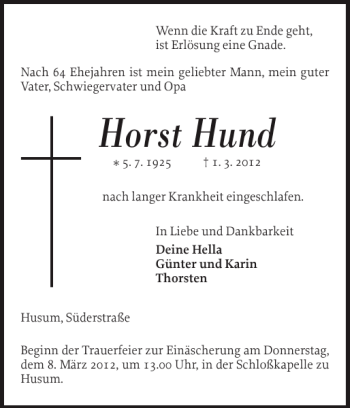 Traueranzeige von Horst Hund von Husumer Nachrichten