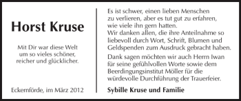 Traueranzeige von Horst Kruse von Eckernförder Zeitung
