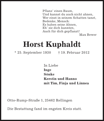 Traueranzeige von Horst Kuphaldt von Pinneberger Tageblatt