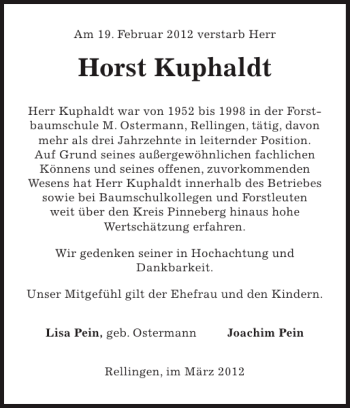 Traueranzeige von Horst Kuphaldt von Pinneberger Tageblatt