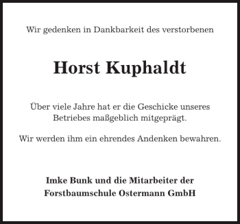 Traueranzeige von Horst Kuphaldt von Pinneberger Tageblatt
