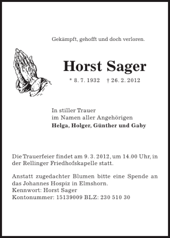 Traueranzeige von Horst Sager von Pinneberger Tageblatt