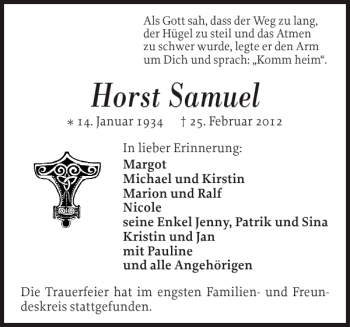 Traueranzeige von Horst Samuel von Flensburger Tageblatt