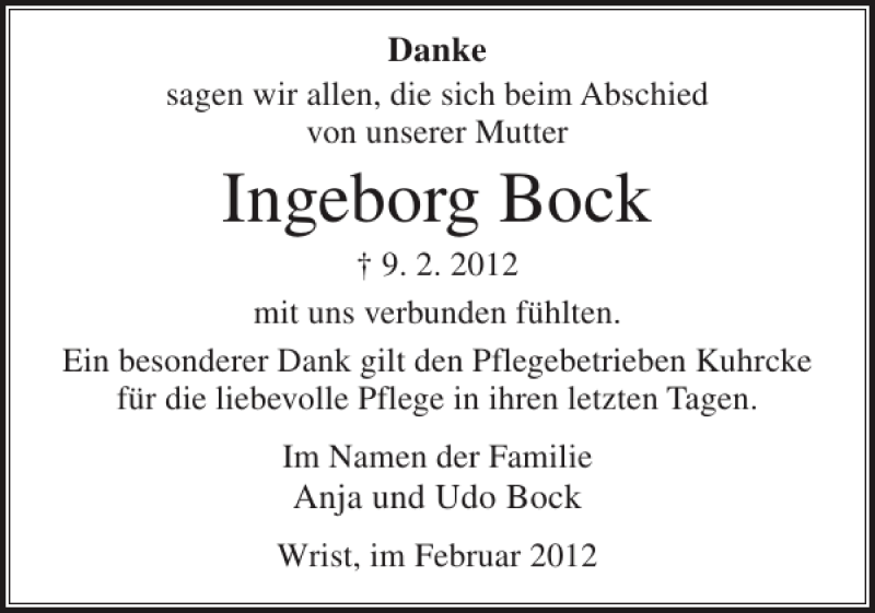  Traueranzeige für Ingeborg Bock vom 03.03.2012 aus Norddeutsche Rundschau