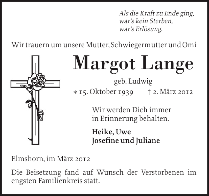  Traueranzeige für Margot Lange vom 10.03.2012 aus Elmshorner Nachrichten