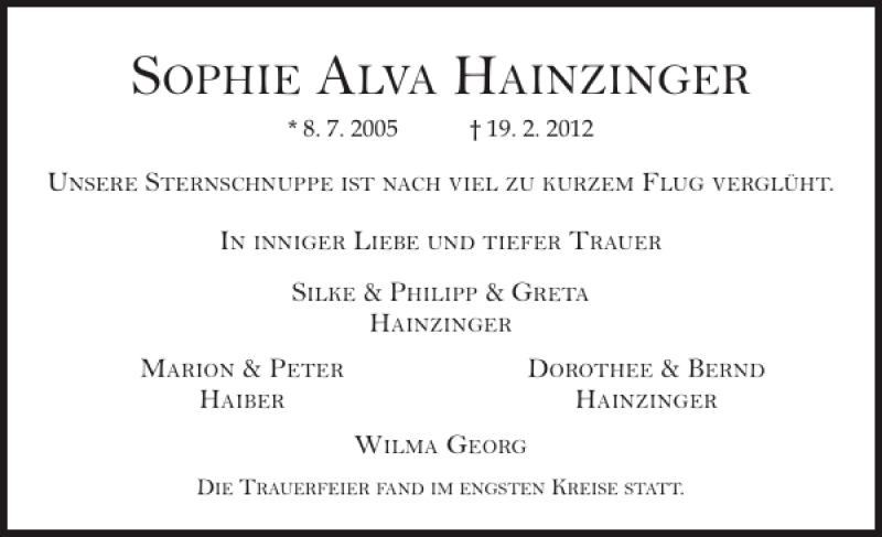  Traueranzeige für SOPHIE ALVA HAINZINGER vom 03.03.2012 aus Pinneberger Tageblatt