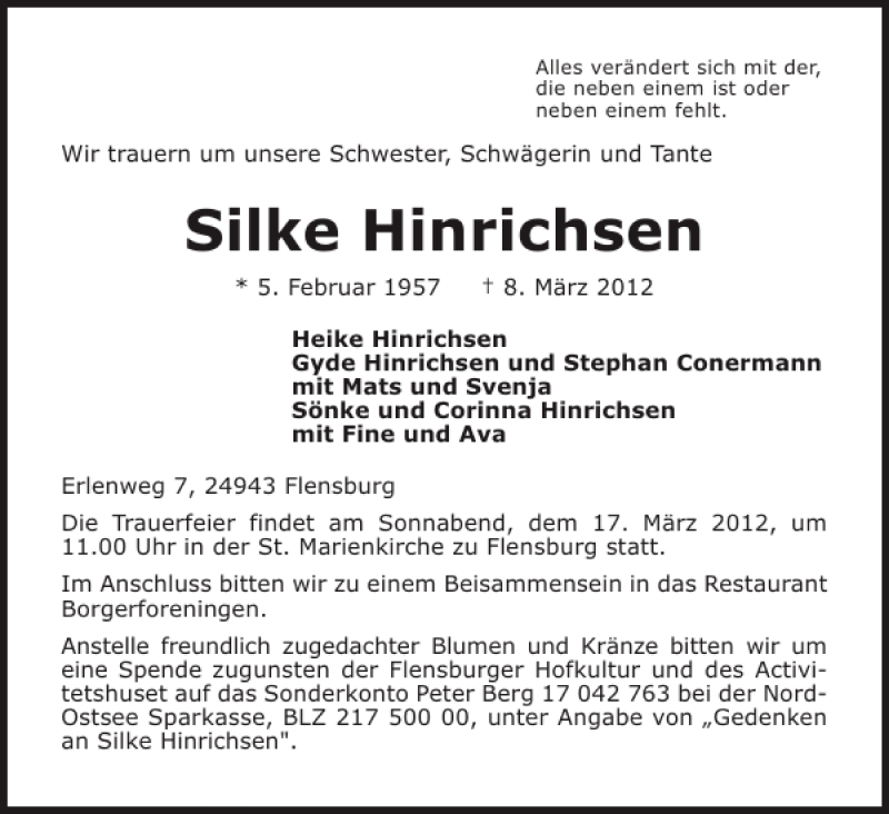 Traueranzeige für Silke Hinrichsen vom 10.03.2012 aus Flensburger Tageblatt