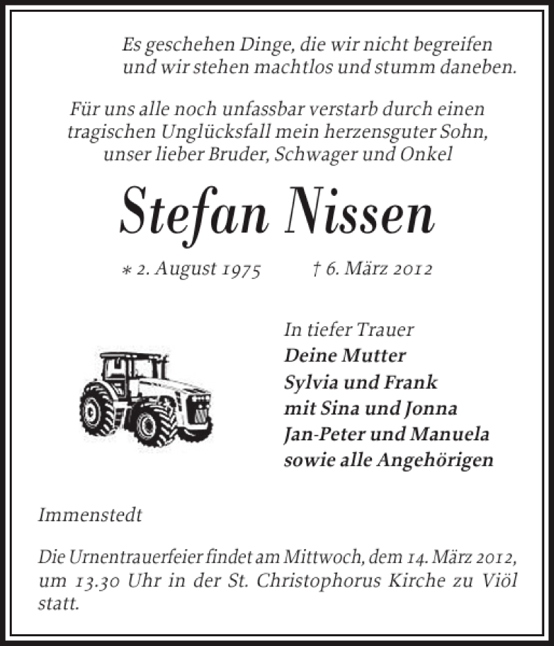  Traueranzeige für Stefan Nissen vom 08.03.2012 aus Husumer Nachrichten
