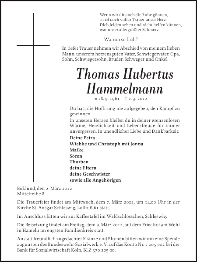  Traueranzeige für Thomas Hubertus Hammelmann vom 05.03.2012 aus Flensburger Tageblatt
