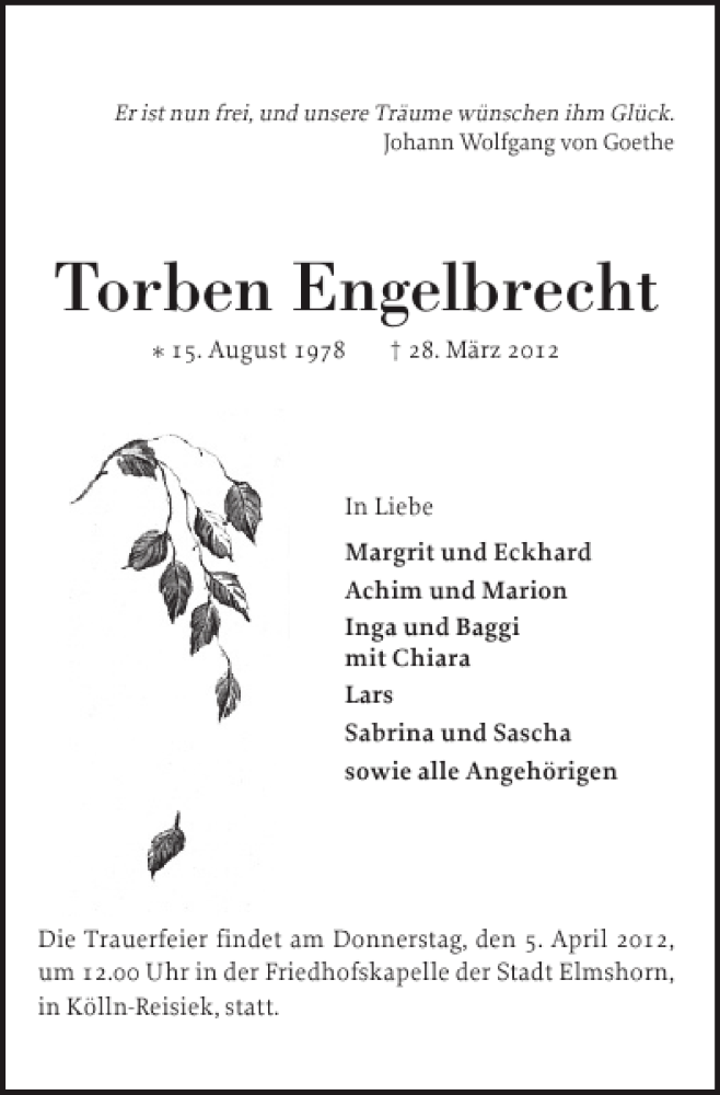  Traueranzeige für Torben Engelbrecht vom 31.03.2012 aus Elmshorner Nachrichten
