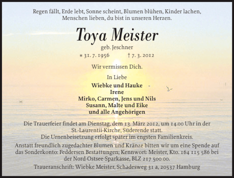  Traueranzeige für Toya Meister vom 12.03.2012 aus Der Insel-Bote
