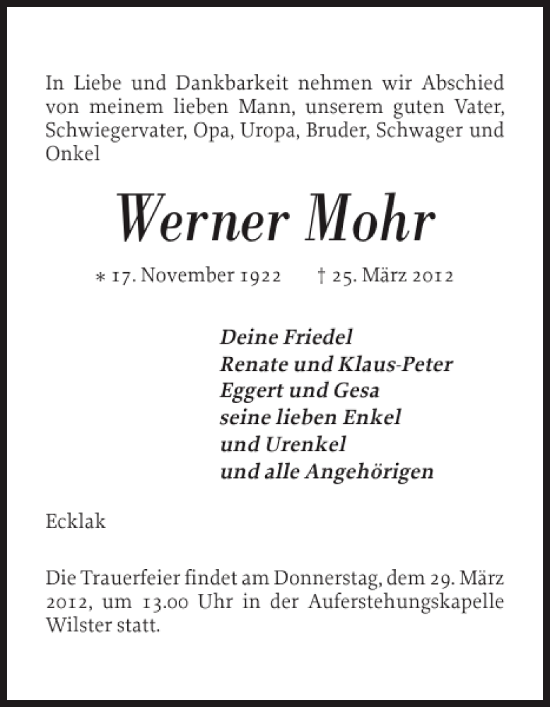  Traueranzeige für Werner Mohr vom 27.03.2012 aus Norddeutsche Rundschau