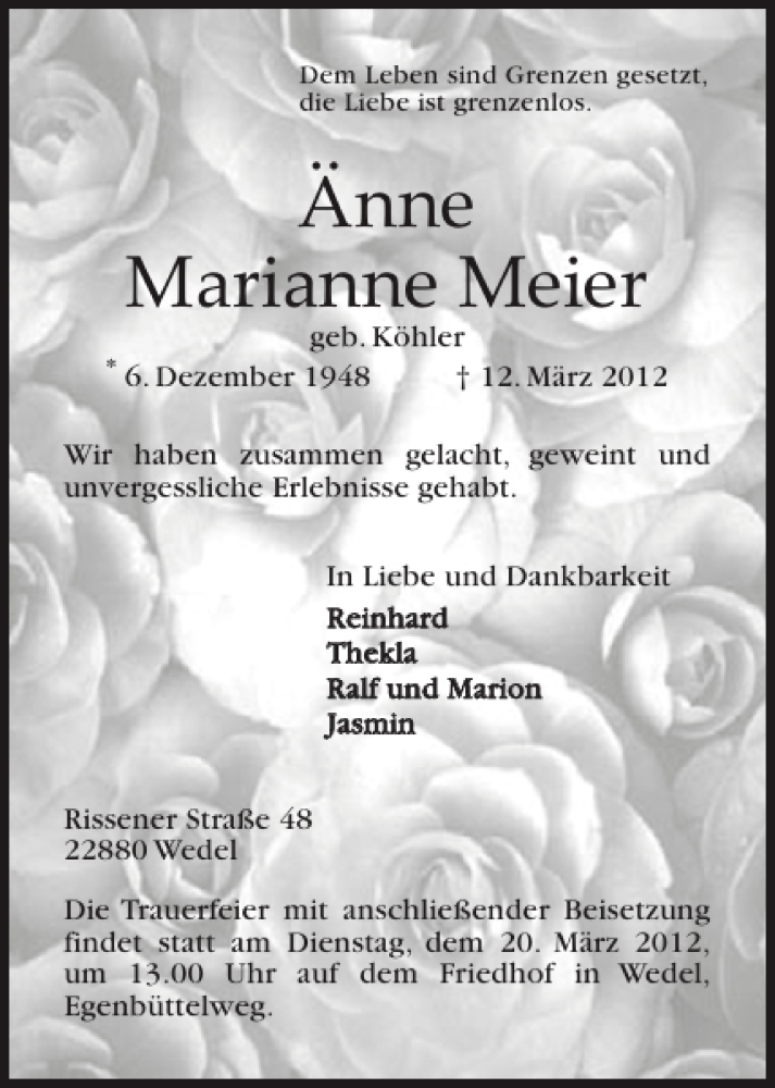  Traueranzeige für Änne Marianne Meier vom 15.03.2012 aus Pinneberger Tageblatt