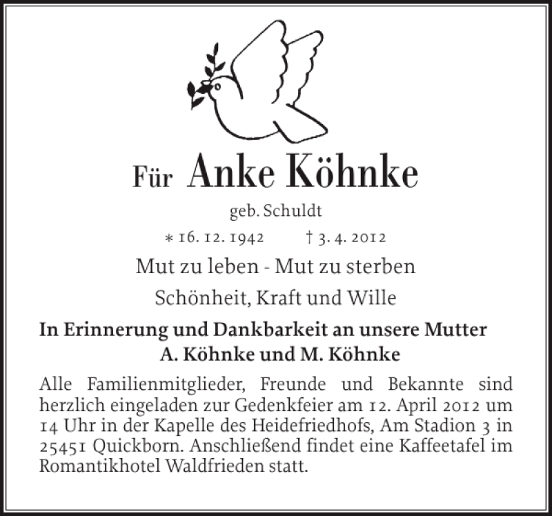  Traueranzeige für Anke Köhnke vom 07.04.2012 aus Norddeutsche Rundschau