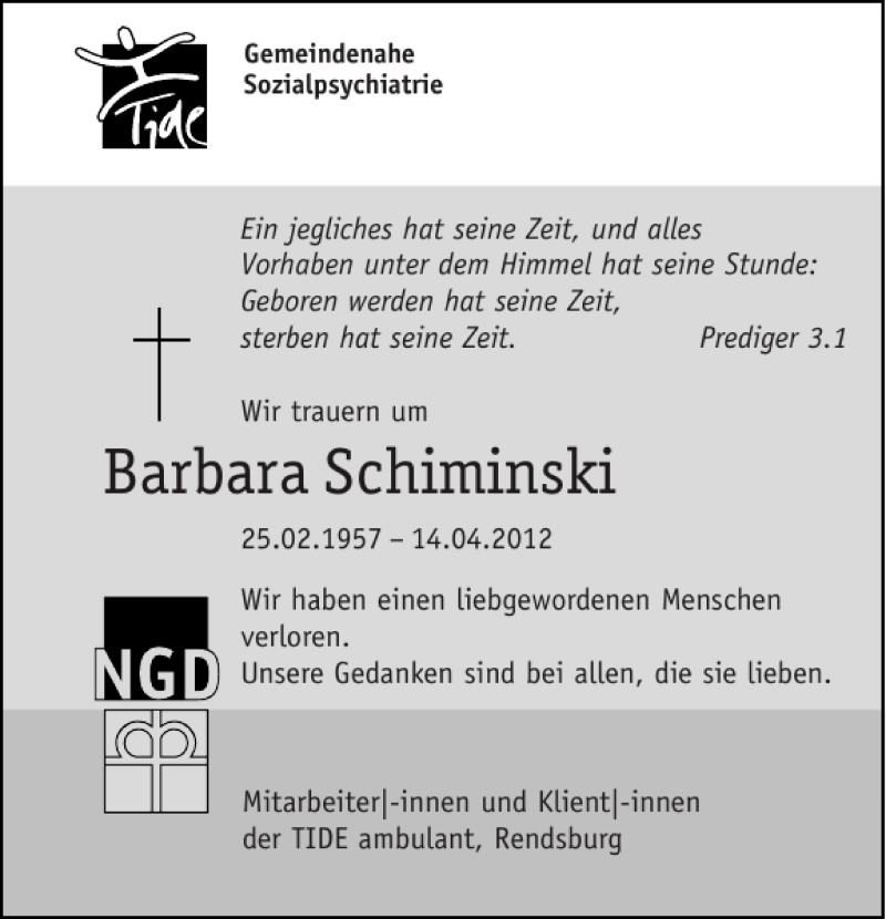  Traueranzeige für Barbara Schiminski vom 19.04.2012 aus Landeszeitung