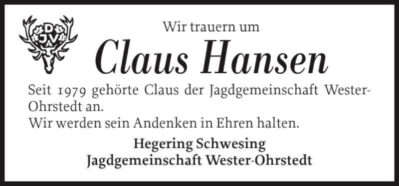  Traueranzeige für Claus Hansen vom 24.04.2012 aus Husumer Nachrichten