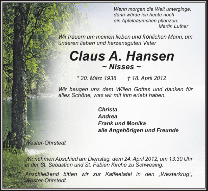  Traueranzeige für Claus A. Hansen vom 21.04.2012 aus Husumer Nachrichten
