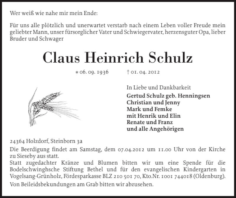  Traueranzeige für Claus Heinrich Schulz vom 04.04.2012 aus Eckernförder Zeitung