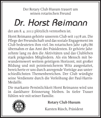Traueranzeige von Dr. Horst Reimann von Husumer Nachrichten