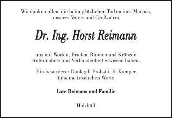 Traueranzeige von Dr. Ing. Horst Reimann von Husumer Nachrichten