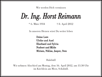 Traueranzeige von Dr. Ing. Horst April Reimann von Husumer Nachrichten