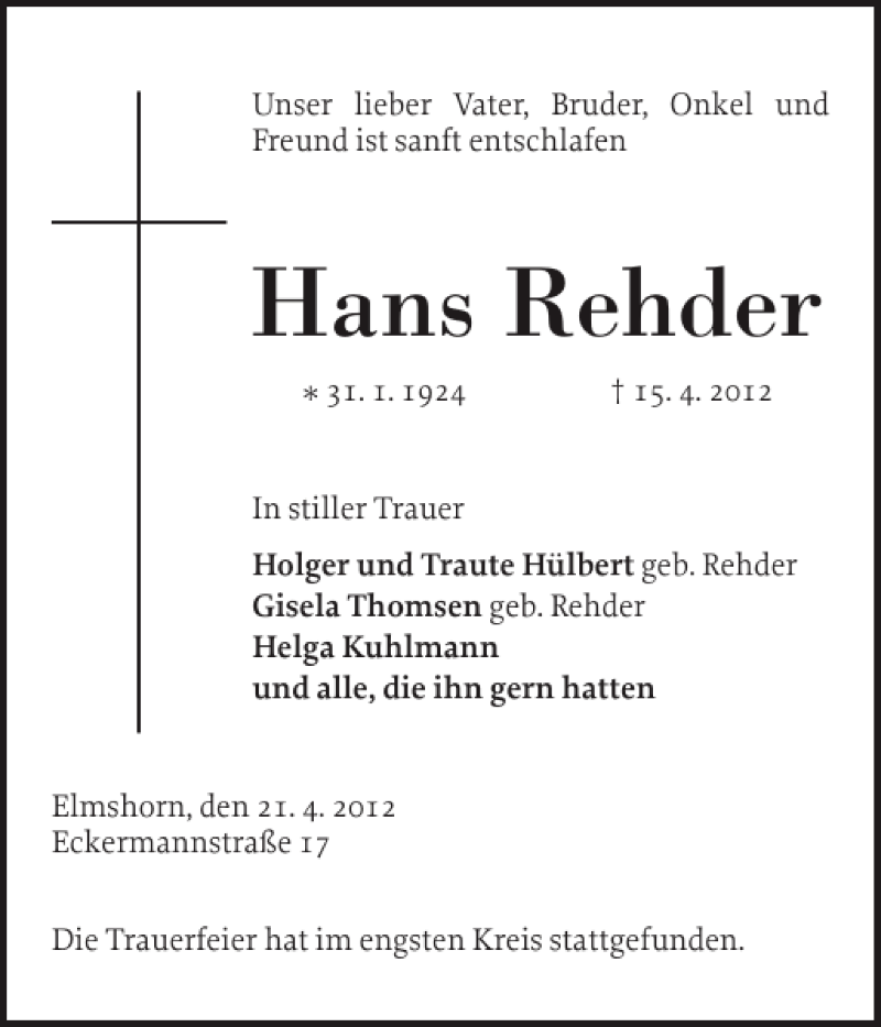 Traueranzeige für Hans Rehder vom 21.04.2012 aus Elmshorner Nachrichten