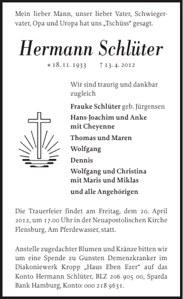  Traueranzeige für Hermann Schlüter vom 17.04.2012 aus Flensburger Tageblatt