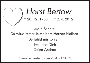 Traueranzeige von Horst Bertow von Holsteinischer Courier