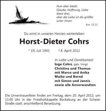 Traueranzeige von Horst-Dieter Cohrs von Der Insel-Bote