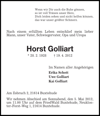 Traueranzeige von Horst Golliart von Pinneberger Tageblatt