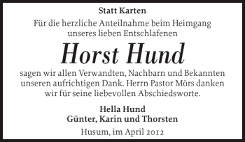 Traueranzeige von Horst Hund von Husumer Nachrichten