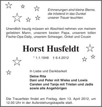 Traueranzeige von Horst Husfeldt von Holsteinischer Courier