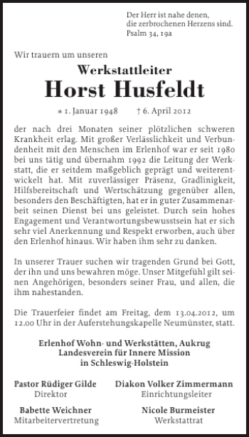 Traueranzeige von Horst Husfeldt von Holsteinischer Courier